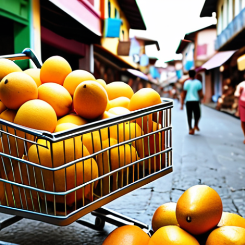 Home 15 The Abandoned Cart**
*Prompt:* A digital illustration depicting an abandoned shopping cart in a vibrant, bustling Brazilian marketplace (feira). Overripe tropical fruits like mangoes and papayas are overflowing from the cart, symbolizing lost potential. The background should show blurred figures of shoppers, subtly highlighting the missed opportunity. Focus on warm, inviting colors, but with a slight sense of regret and missed connection. The style should be modern and slightly whimsical, appealing to a younger demographic used to online shopping.
**