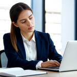 A focused professional woman in a modest business blazer and blouse, seated at a modern desk in a well-lit co-working space. She is thoughtfully observing data visualizations on a laptop screen, with a neatly organized notebook and pen beside her. The background features blurred, contemporary office architecture. The image conveys intelligence and strategic thinking. Perfect anatomy, correct proportions, well-formed hands, natural pose, professional photography, high resolution, safe for work, appropriate content, fully clothed, professional dress.