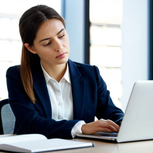 Home 7 A focused professional woman in a modest business blazer and blouse, seated at a modern desk in a well-lit co-working space. She is thoughtfully observing data visualizations on a laptop screen, with a neatly organized notebook and pen beside her. The background features blurred, contemporary office architecture. The image conveys intelligence and strategic thinking. Perfect anatomy, correct proportions, well-formed hands, natural pose, professional photography, high resolution, safe for work, appropriate content, fully clothed, professional dress.