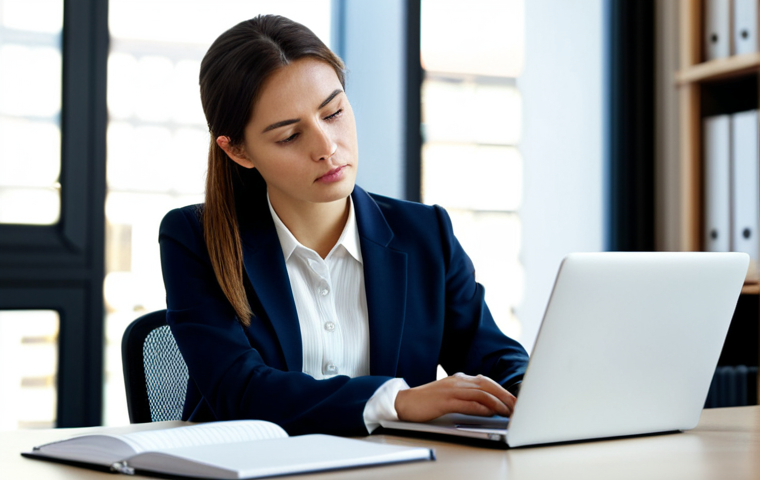 A focused professional woman in a modest business blazer and blouse, seated at a modern desk in a well-lit co-working space. She is thoughtfully observing data visualizations on a laptop screen, with a neatly organized notebook and pen beside her. The background features blurred, contemporary office architecture. The image conveys intelligence and strategic thinking. Perfect anatomy, correct proportions, well-formed hands, natural pose, professional photography, high resolution, safe for work, appropriate content, fully clothed, professional dress.