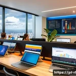 Home 22 B2C 세일즈 퍼널 최적화 기법 - A vibrant digital marketing office scene in São Paulo, Brazil, showing a diverse team of young profe...