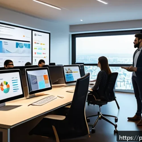 Home 30 효과적인 세일즈 퍼널 전략 수립 방법 - A modern digital marketing office scene showing a diverse team of professionals analyzing customer j...