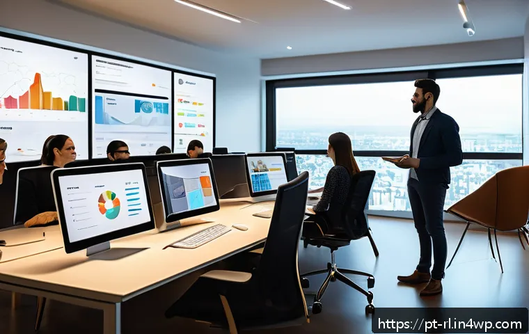 효과적인 세일즈 퍼널 전략 수립 방법 - A modern digital marketing office scene showing a diverse team of professionals analyzing customer j...